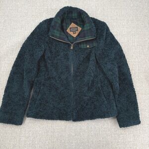 Pendleton Womens Fuzzy Fleece Jacket Sz M Full Zip Blue Country Plaid Lined Soft